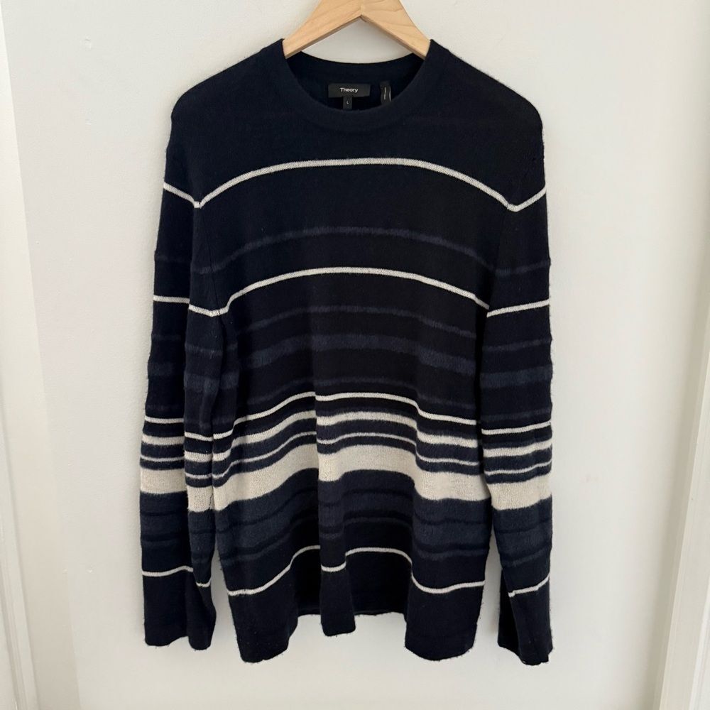 Theory Hilles Crewneck Sweater in Cashmere Hills Striped Men’s Pullover L Navy
